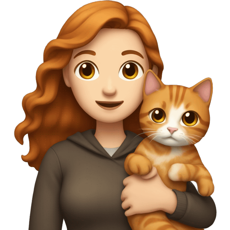 a woman with brown hair holds a ginger cat in her arms emoji