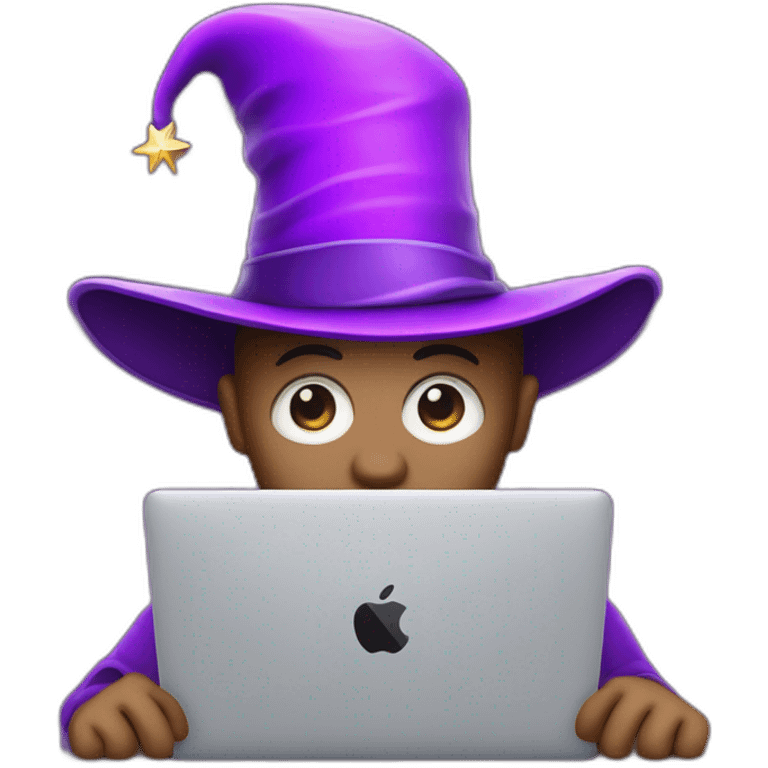 magician with a purple pointy magic hat with a star working on a macbook emoji