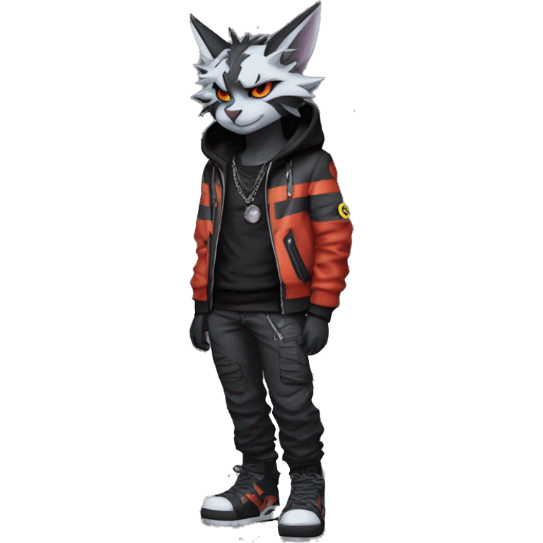 Cool Anthro Black Bat-Nargacuga-Litten-Lynx-Pokémon with edgy stripes hoodie spiked collar punk techwear Cargo Pants Full Body emoji