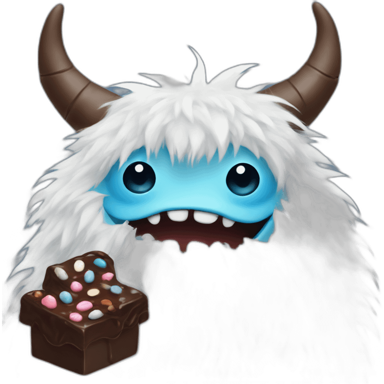 A clipart of a white and blue fur monster with very cute eyes and smile and small horns and his is holding a chocolate emoji