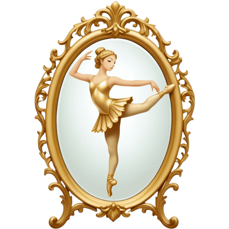 Cinematic Realistic Mirror, a large, ornate mirror reflecting a dancer’s poised silhouette, soft golden light creating depth, slight smudges on the glass adding realism, glowing with a timeless and artistic presence. emoji