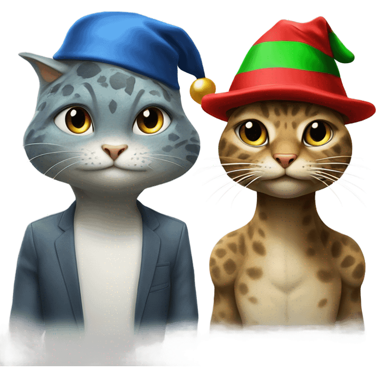 Dinosaur next to cat both wearing Christmas hats that are DJs ￼ emoji