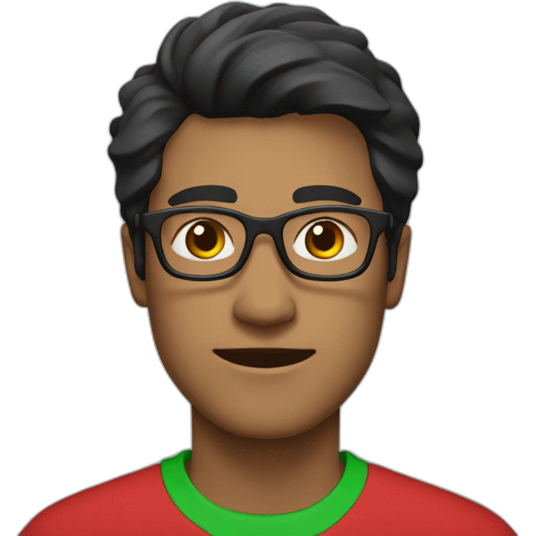 Man with black hair and glasses wearing red shirt with green collar emoji