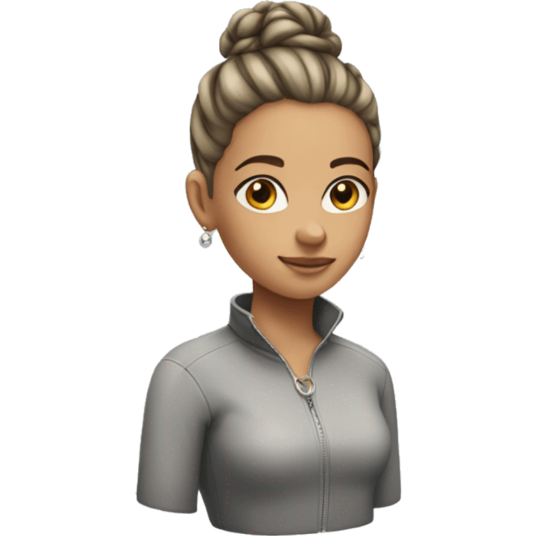 Girl with a grey half zip, a hair bun and jewelry in det ear emoji