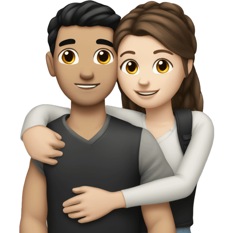 Brown-haired white girl hug white boy with black hair with pony-tail emoji