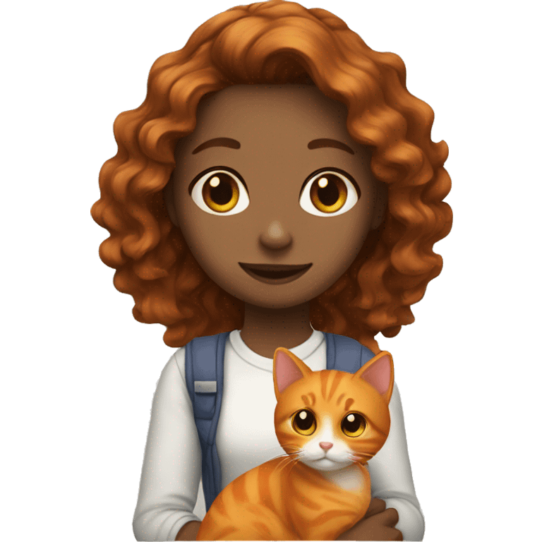 Brown wavy haired girl with an orange cat emoji