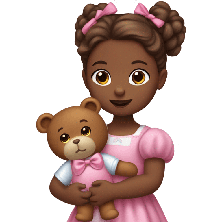 Little girl with blue eyes with Long lashes, and bronze Brown hair in two ponytails with bows. She is wearing a pink dress, and holding a teddybear. She had a pink pacificer in her mouth. emoji