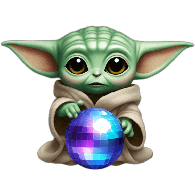 baby yoda with a disco ball on his hesd with eyes up emoji