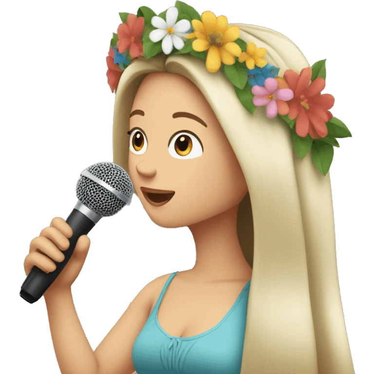 long haired white brunette woman wearing a sundress and a flower crown singing into a microphone emoji