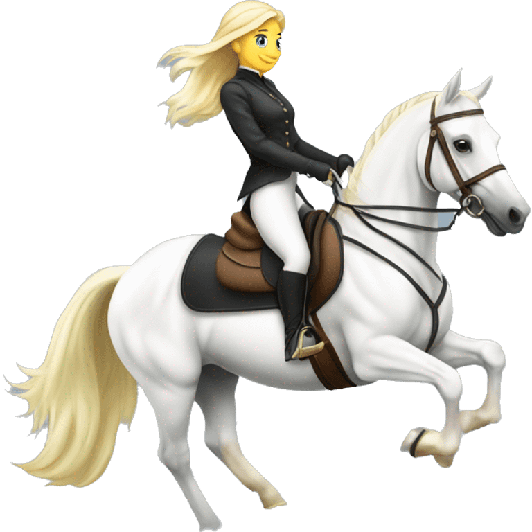 blond Equestrienne riding a white arabian horse, dressage  emoji