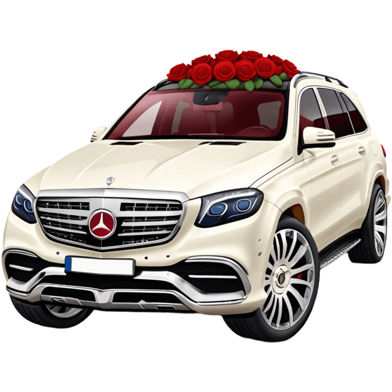 Side angle of White Mercedes Maybach GLS 600 with red roses on the front bumper emoji