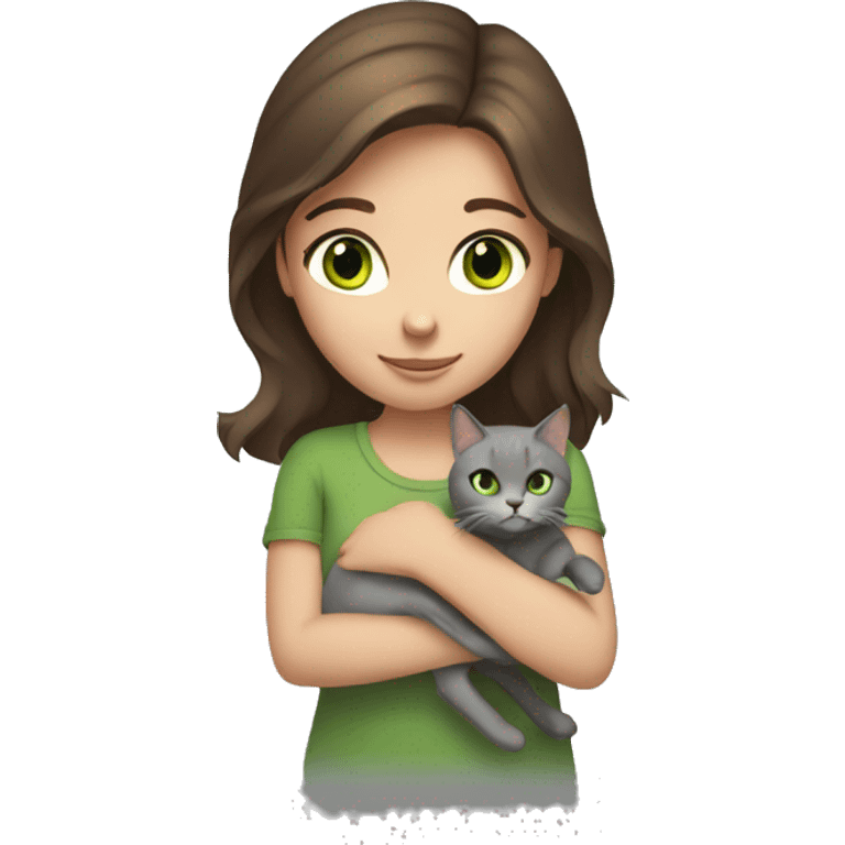 brown haired girl with green eyes holding a grey cat emoji