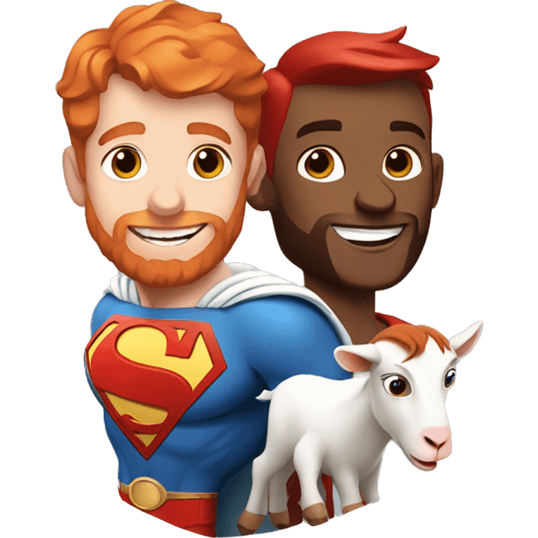 White superman with red hair and red beard flying next to a happy goat.  emoji