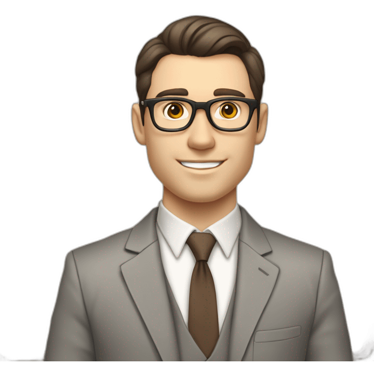 Pale skinned fit man with dark brown hair in gray jacket, beige office shirt, brown tie, brown pants and vintage glasses Writing text on a marker board emoji