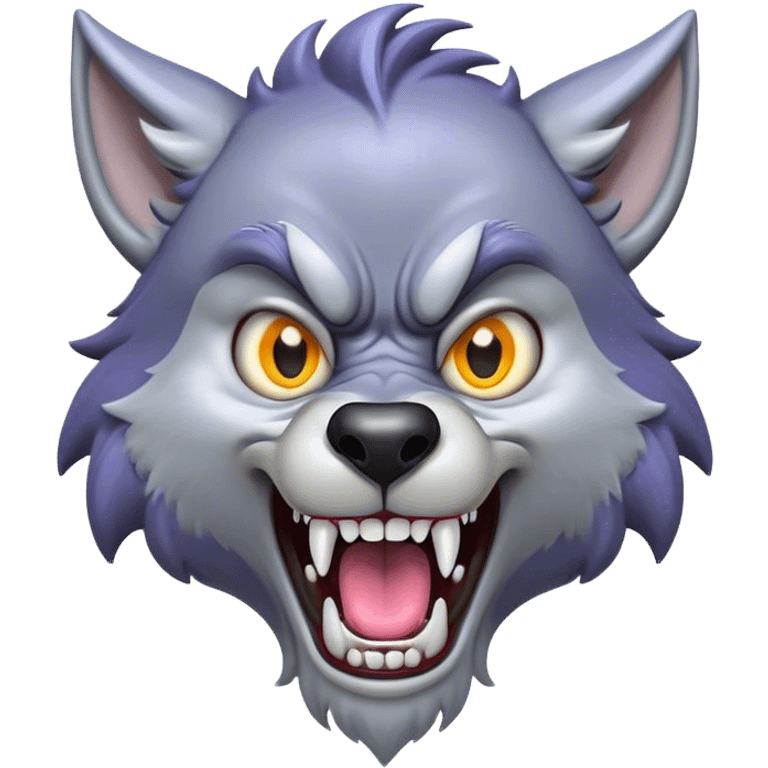 Cinematic Comical Werewolf Portrait Emoji, with a whimsically exaggerated lupine face in vivid moonlit grays and silvers, head cocked in a dramatically shocked expression with comically oversized, wide eyes and a playful snarl, simplified yet hilariously expressive, highly detailed with a soft cartoonish glowing outline capturing the mischievous humor of a werewolf mid-transformation! emoji