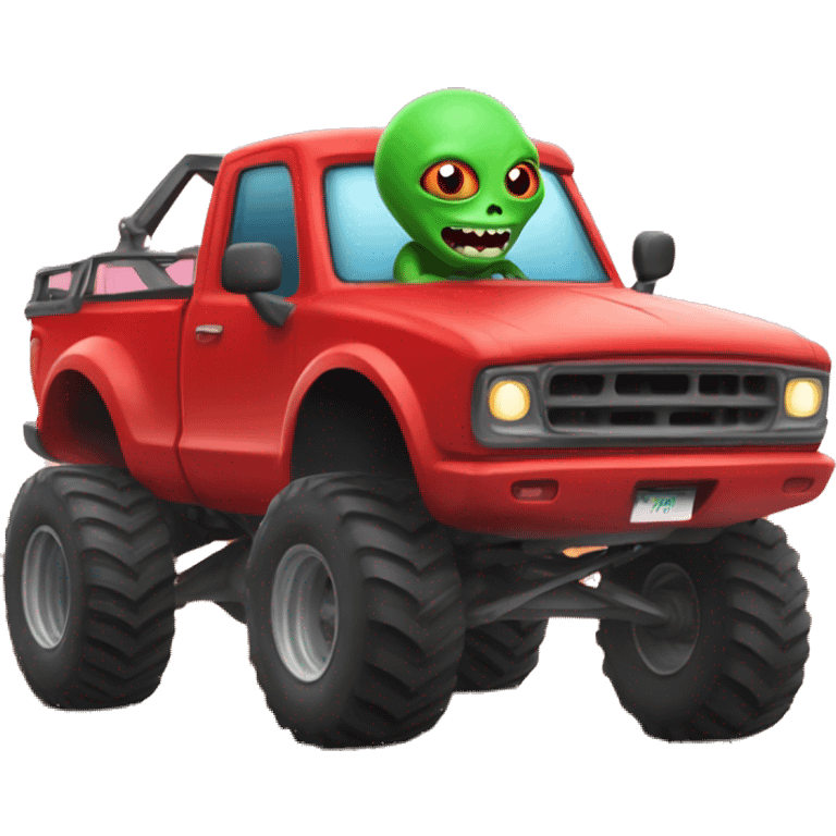 Alien driving a red monster truck  emoji