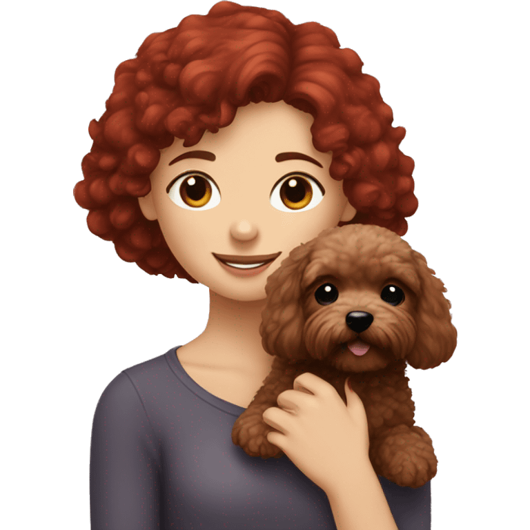 Dark-red-haired girl hugs  her Maltipoo-Black-dog emoji