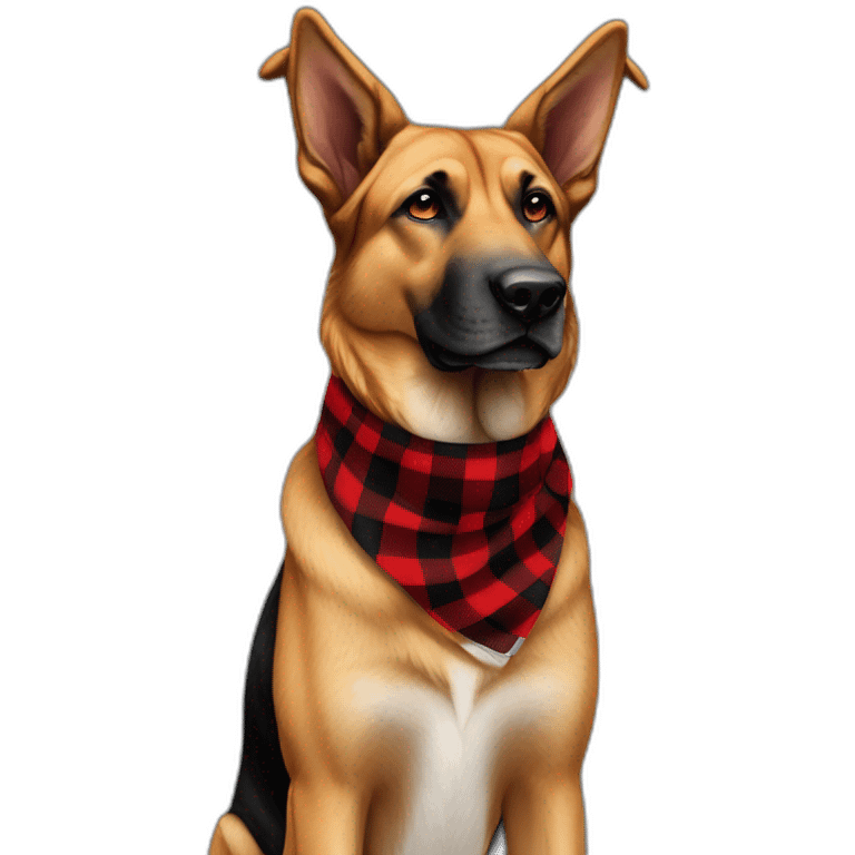 75% Coonhound 25% German Shepherd mix dog wearing small pointed red buffalo plaid bandana side view full body facing left emoji