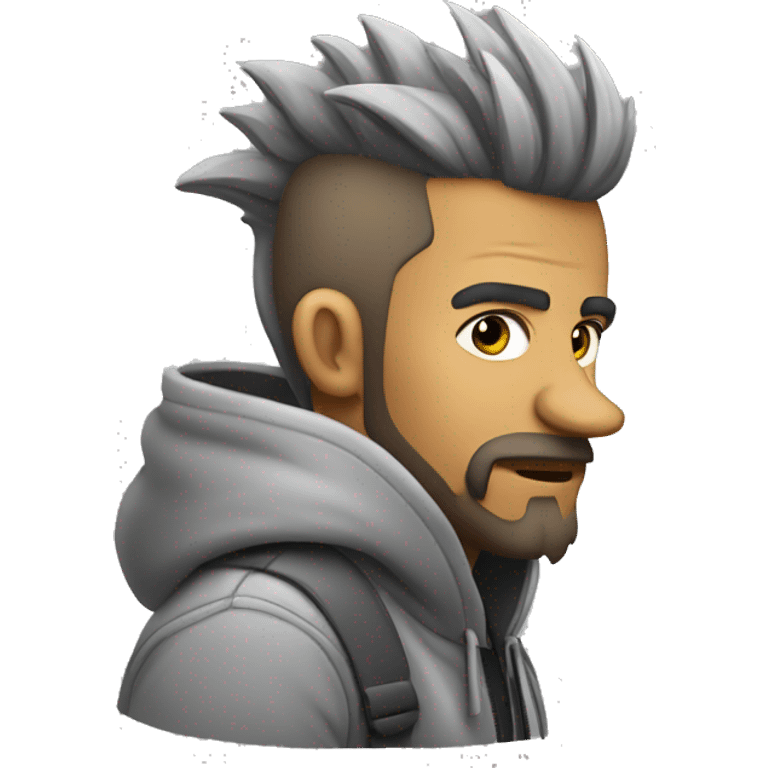 hombre con pelo mohawk muy corto con hoodie gris y barba de dos dias emoji