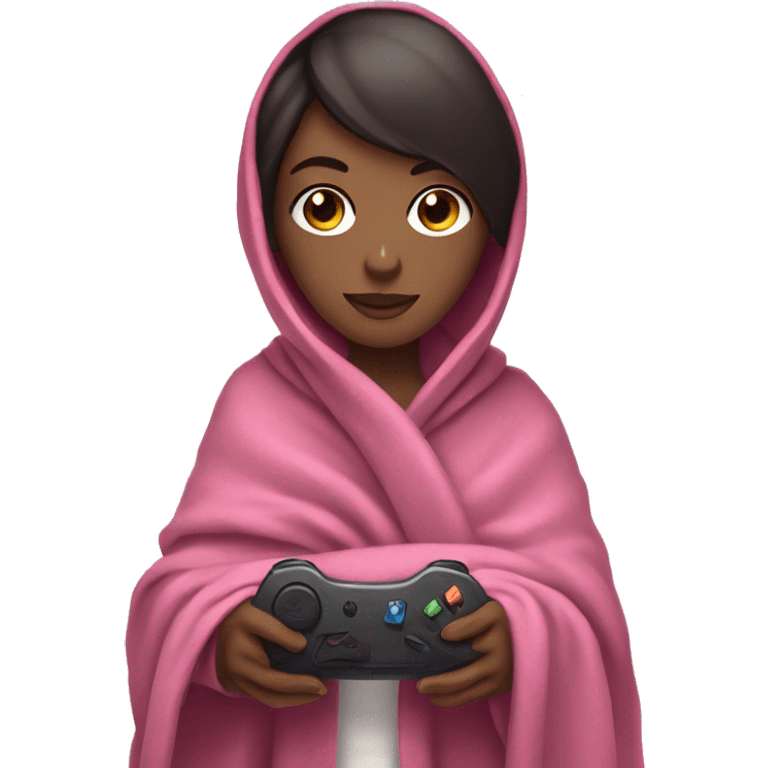 White girl with dark hair wrapped up in a blanket with a pink gaming controller in her hands emoji