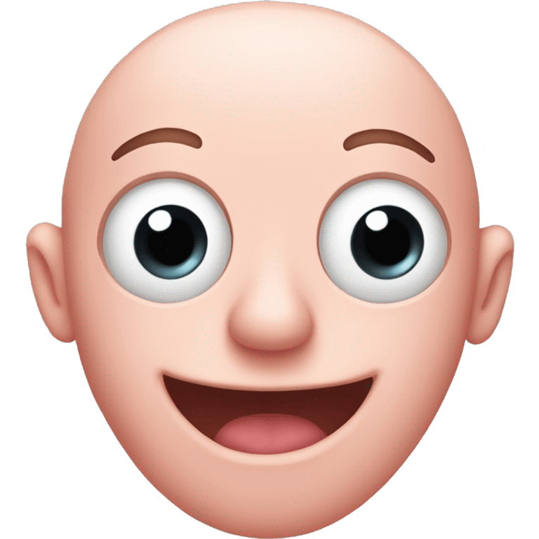 Big pink head with big eyes but no hair and no nose but a big grin, no body or arms just thin legs emoji