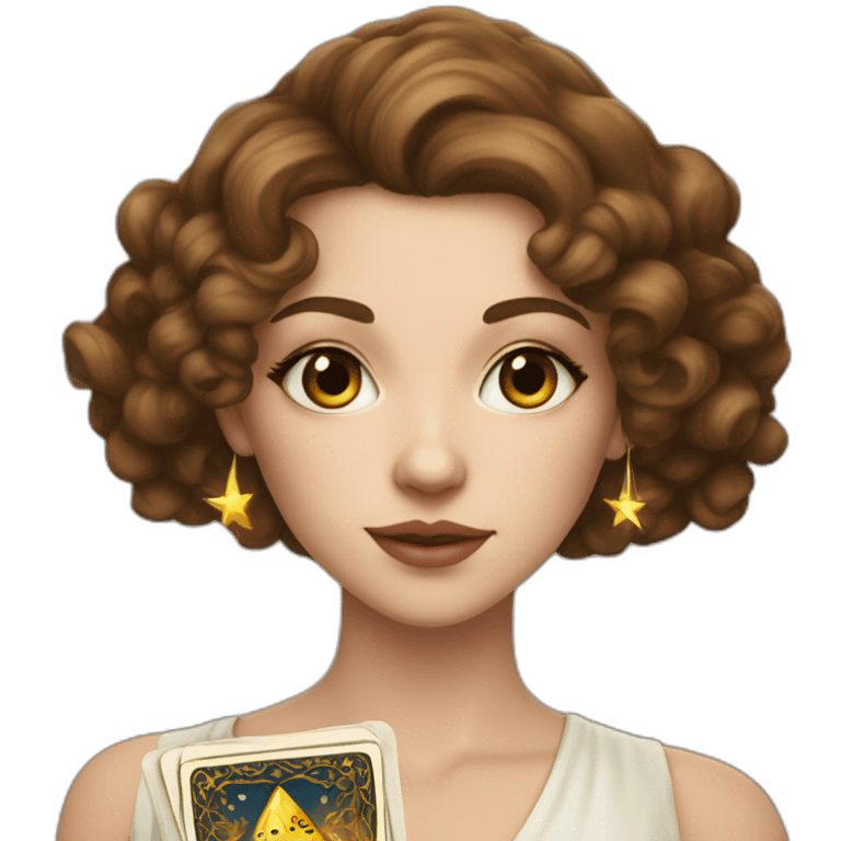 white young elegant woman with long brown curls and a tarot card that has a golden star emoji