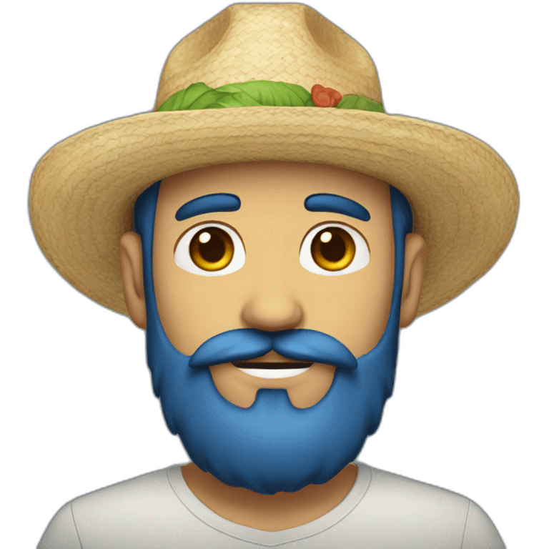 man with black beard and mustache wearing straw hat and blue hair emoji