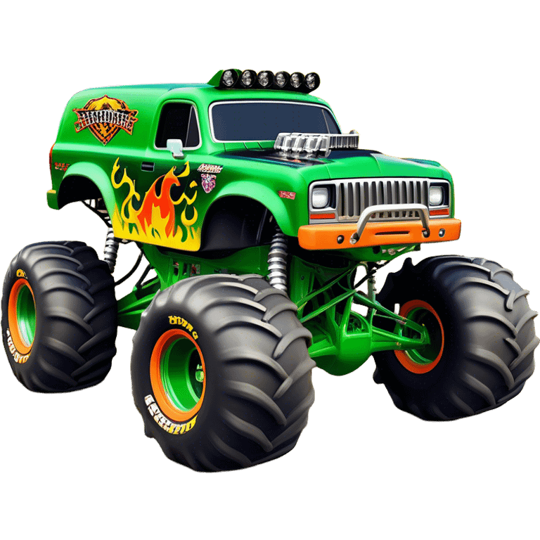 Grave Digger - Monster Jam (Model Year: 2022) (Iconic colour: Green with flames) - A legendary monster truck with a fearsome design: predominantly deep green with dynamic, vibrant flame graphics in bright orange and yellow. Highlight its rough, edgy bodywork and an aura of untamed rebellion. emoji