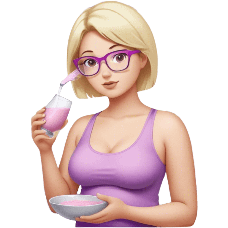 Seductive, Curvy fair skinned woman, short blond hair, small light purple reading glasses, washing dishes, SFW sheer pink tank top, without undergarments showing natural breast shape SFW, black yoga pants, thick booty emoji