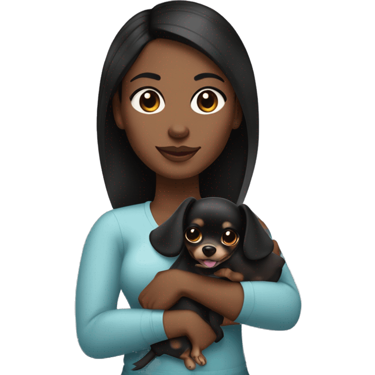 A curvy African American woman with dark skin and straightened black hair holding a black and brown chihuahua  emoji