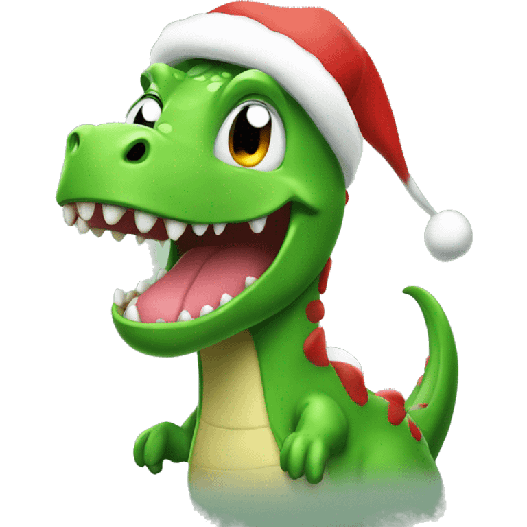 Happy green Dino wearing a Santa hat emoji