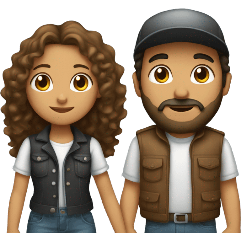 
a Hispanic girl with long curly hair and a Hispanic boy with a beard and cap facing away, both holding hands emoji