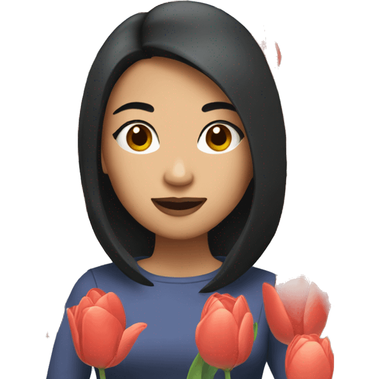 Asian woman with dark hair and tulips emoji