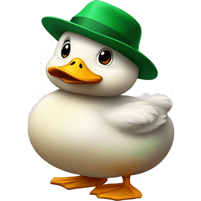 cute fluffy chubby duck with hand and wear green hat emoji