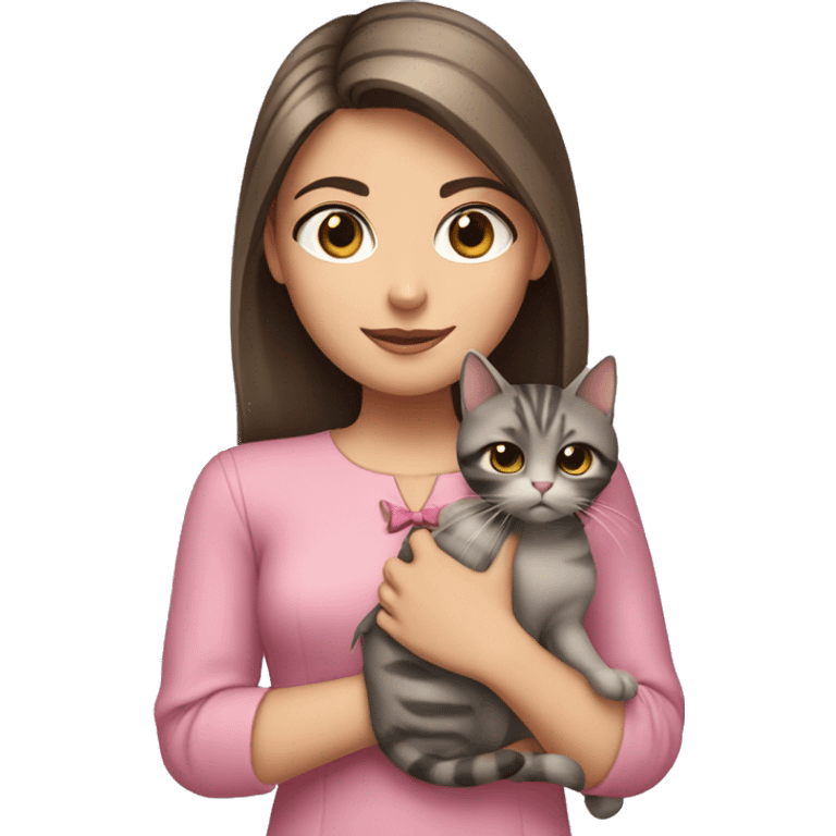 Brunette girl with straight hair in a pink blouse, holding a gray, striped, brown-eyed cat with a bow in her arms emoji