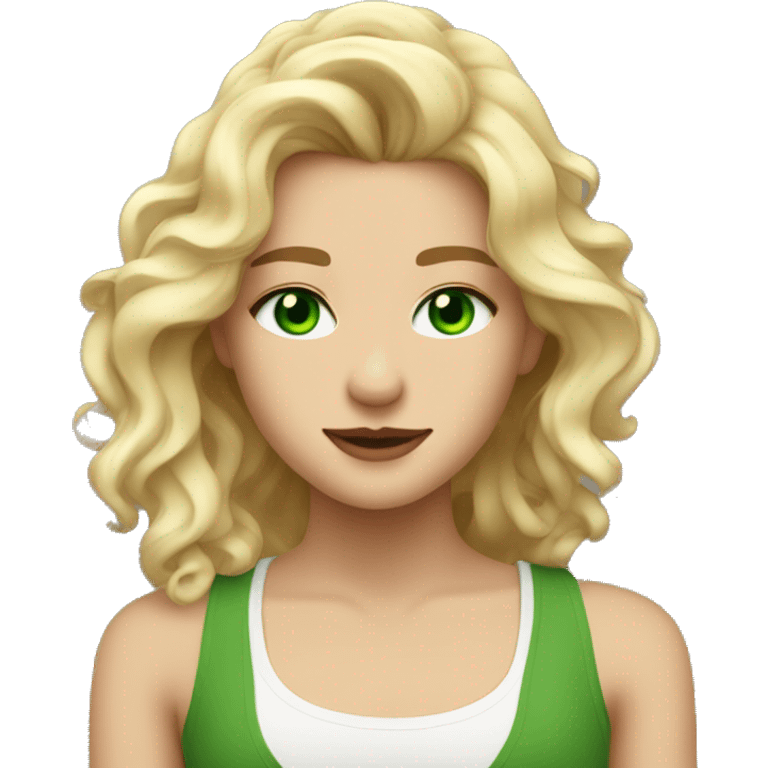 Wavy Blonde hair girl with green eyes a most stud piercing and a white tank top on emoji