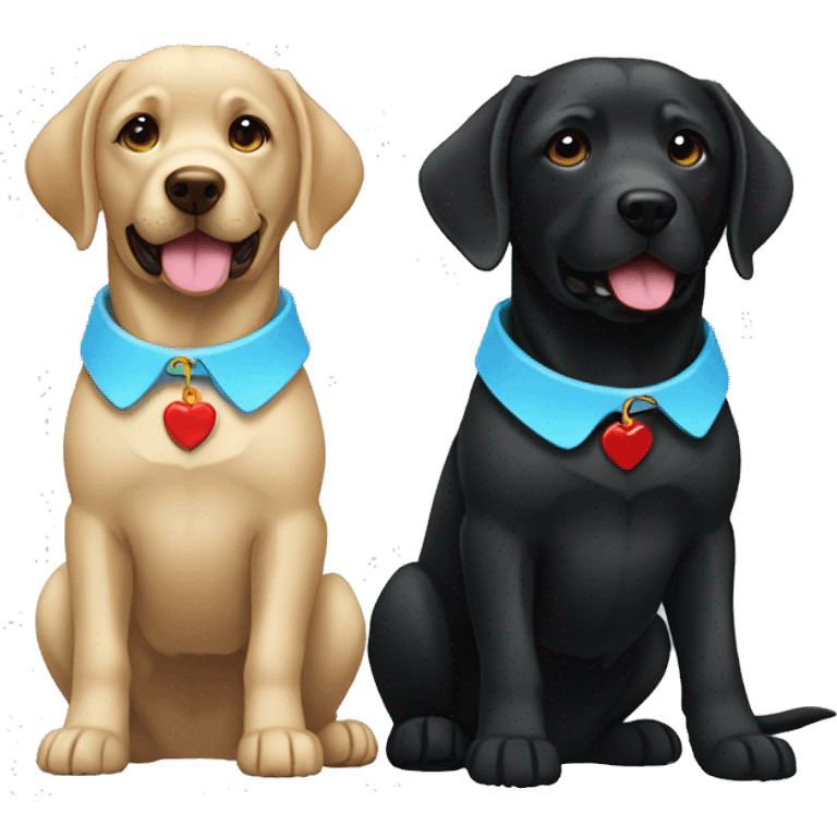 2 labradors. both black. one with a light blue collar, one with red collar. emoji