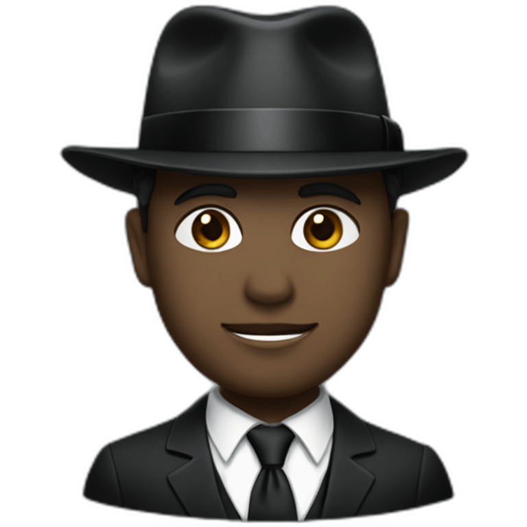 Man with cobalt black/grey skin wearing a black formal suit with a black tie, wearing a fedora with a white band on it. emoji