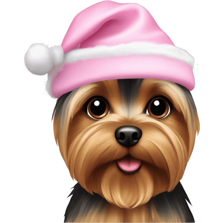 A yorkie wearing a baby pink christmas hat emoji