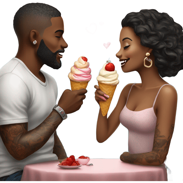 Romantic date for beautiful tattooed couple eating ice cream  emoji