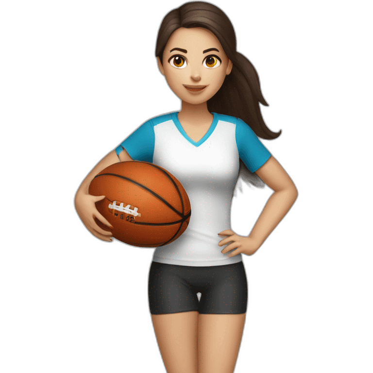 White skin brunette female playing football with basket ball emoji