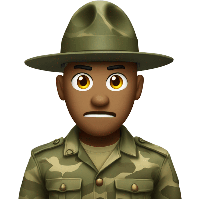 drill sergeant character wearing a classic sergeant hat and a camouflage army shirt. The character should have an angry intense expression. full torso emoji