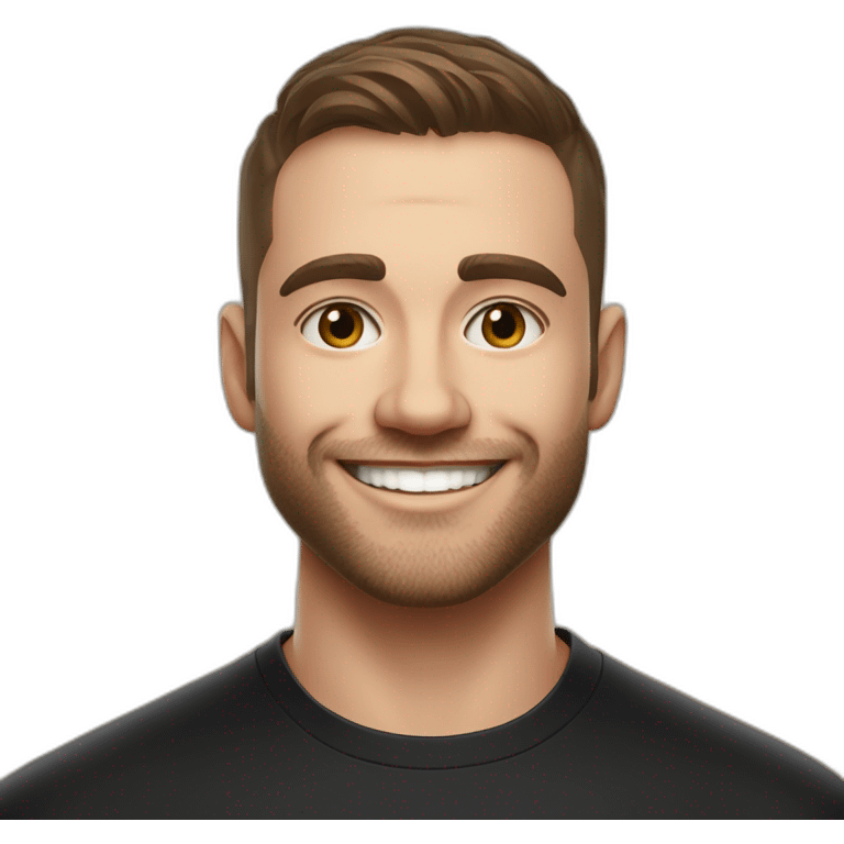 30 year old American Silicon Valley UX designer smiling with stubble in a black tshirt with broad shoulders profile photo hair fade undercut emoji