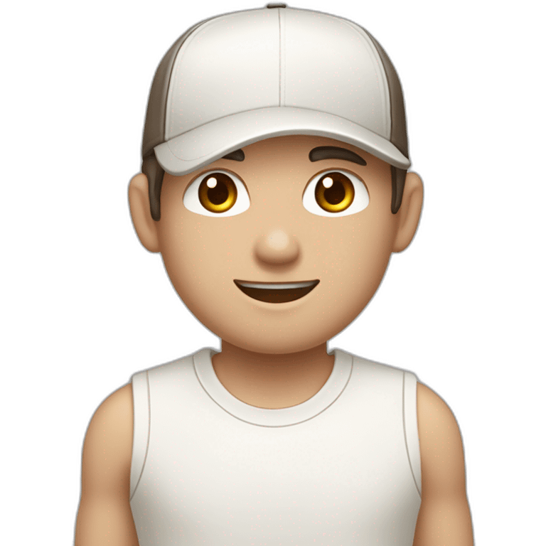 Pale skinned fit Man with dark brown hair in a white cap, gray jeans and beige polo T-shirt keeping a pasted box into his hands emoji