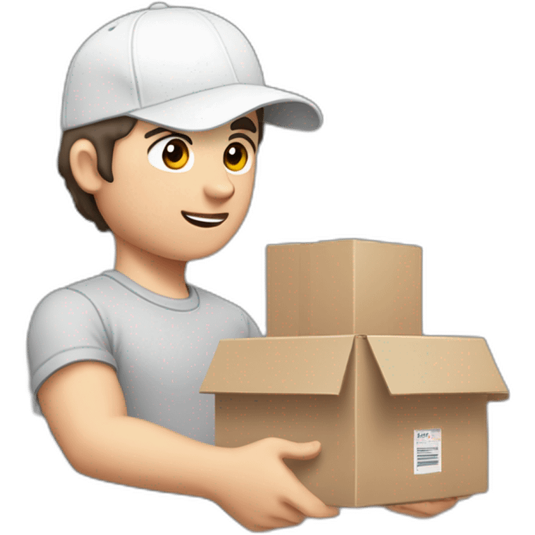 Pale skinned fit Man with dark brown hair in a white cap, gray jeans and gray polo T-shirt keeping a pasted with tape box into his hands emoji