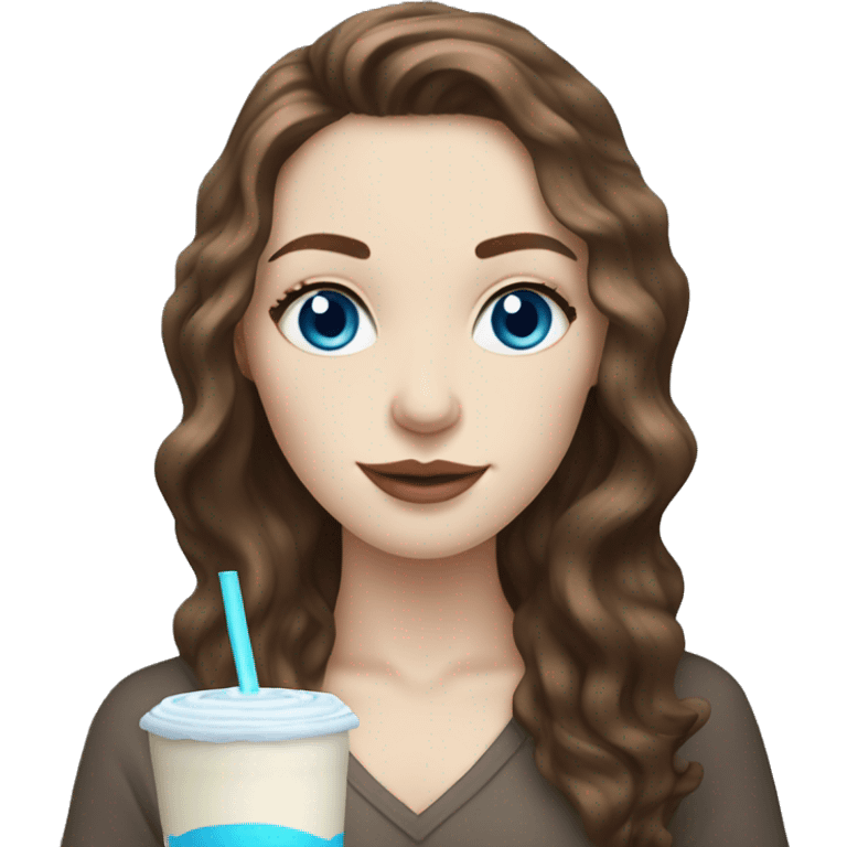 Pale skin women with brown wavy hair and blue eyes drinking ice latte  emoji