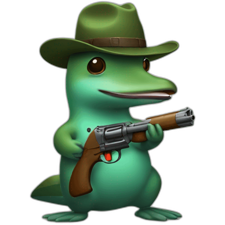 Green Platypus wearing a hat and holding a gun emoji