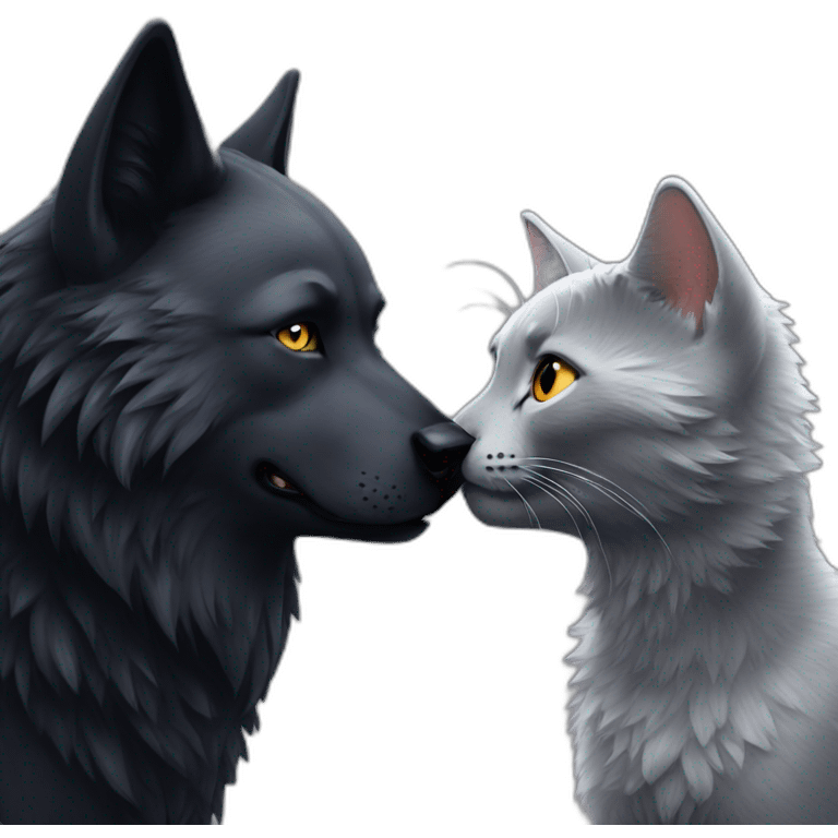 Grey Wolf kissing a black cat emoji