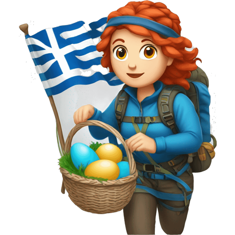 Greek Female winter mountaineer red hair white skin climbing with Greek Flag and Easter eggs basket emoji