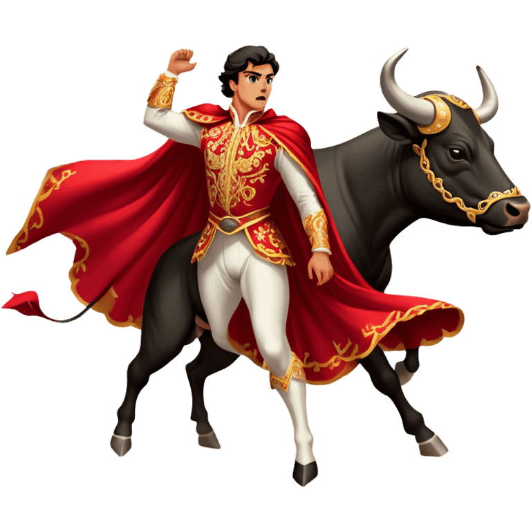 ​Cinematic Realistic Spanish Matador in Action, depicted in an ornate traje de luces with a flowing red cape, captured in the dramatic moment of confronting a charging bull in a traditional bullring, rendered with dynamic motion and dramatic lighting that encapsulates the intensity and artistry of the spectacle, emoji